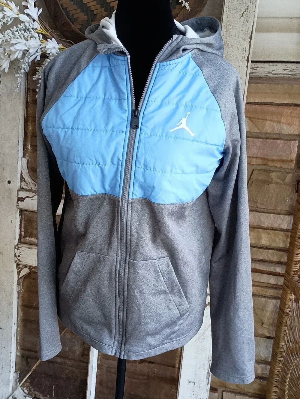 Jordan Boys Gray Jacket with Light Blue Chest Panel and Hood_XL